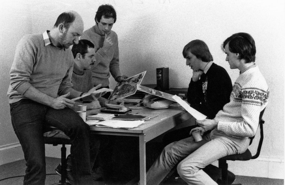 Crash editorial, late 1984, King Street — David Western (production designer), Roger Kean (editor), Oliver Frey (art), Matthew Uffindell (staff writer/reviewer), Kevin Foster (assistant editor)