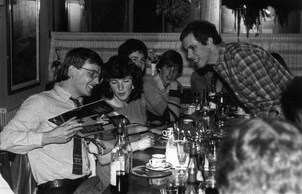 Zzap!64 launch party with Chris Anderson, (launch editor), Denise Roberts (Subscriptions/mail order), Bob Wade (staff writer), Matthew Uffindell, Oliver Frey